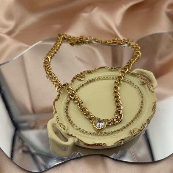 Gold Heart Cubic Zirconia Chain Necklace – Stainless Steel  Gold Plated - Picture 6 of 6